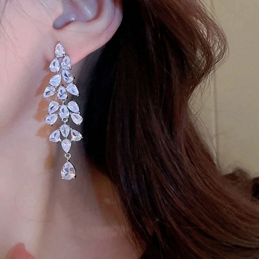 Cubic Zirconia Leaf Drop Earrings - Picture 2 of 4